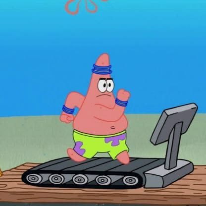 An animated scene of Patrick Star from SpongeBob SquarePants running on a treadmill. He is wearing a blue sweatband on his head, blue wristbands, and green shorts with purple flowers, set against a plain blue background.