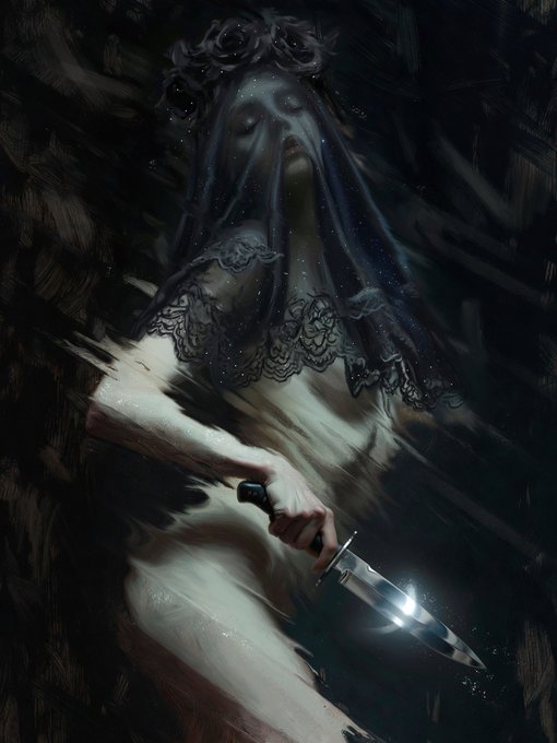 A dark, painterly digital artwork depicts a figure with a starry, veil-like face and roses on her head, holding a glistening dagger while partially obscured by black brushstrokes.