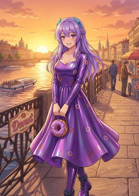 An anime-style illustration of a purple-haired girl in a purple donut-patterned dress holding a donut bag, with a 'Donut Bakery' sign.