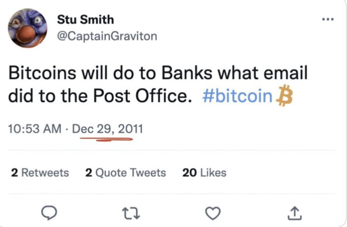 A tweet by Stu Smith (@CaptainGraviton) dated Dec 29, 2011, stating 'Bitcoins will do to Banks what email did to the Post Office. #bitcoin' with 2 Retweets, 2 Quote Tweets, and 20 Likes.