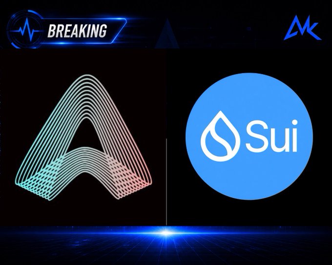 A breaking news graphic showing logos for two blockchain/crypto projects side by side against a dark background with blue lighting effects.