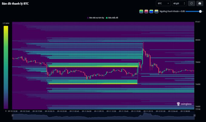 A Coinglass BTC liquidation heatmap ('Bản đồ thanh lý BTC') showing price action around $76,000-$81,000 with concentrated liquidation levels and a notable long liquidation spike.