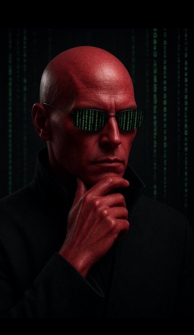 A stylized portrait of a bald man with red-toned skin wearing a black coat and 'Matrix'-style digital sunglasses, set against a background of falling green code.