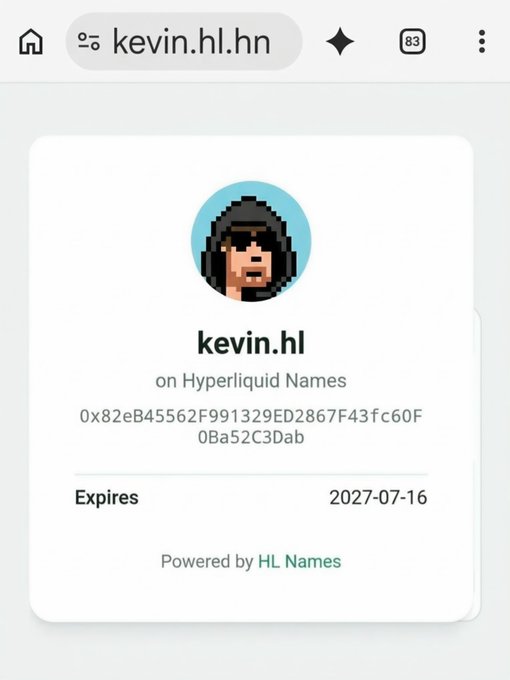 Hyperliquid Names registration page for 'kevin.hl' with a pixel art avatar of a person in a beanie, showing wallet address and expiration date 2027-07-16.
