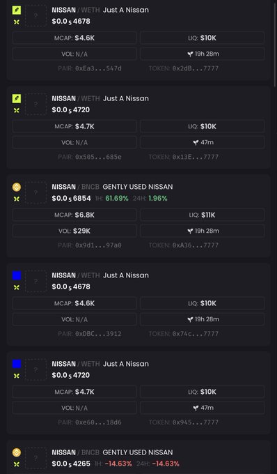 A screenshot showing multiple cryptocurrency token listings all named 'NISSAN' with various pairings like WETH and BNB, displaying market caps around $4.6K-$6.8K and very low prices around $0.46-$0.69.