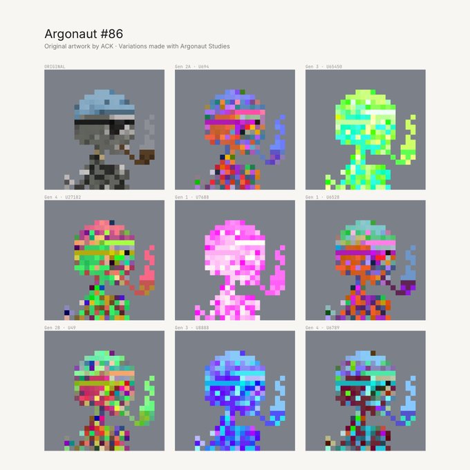 A page titled 'Argonaut #86' displaying the original artwork by AOK on the left alongside eight colorful pixel-art variations generated with Argonaut Studios.