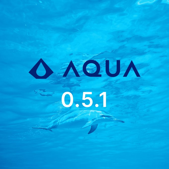 An underwater promotional image showing a dolphin beneath the surface with the AQUA logo and version number '0.5.1' displayed.