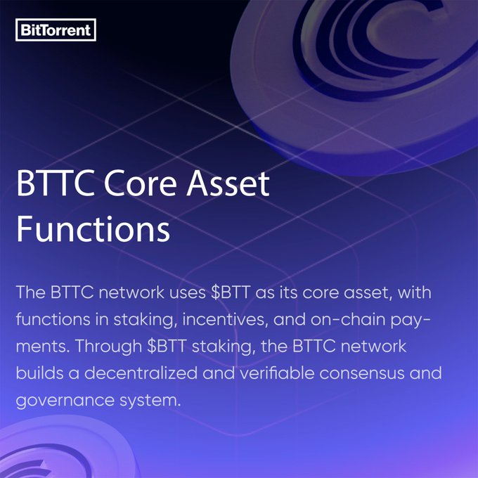 A promotional graphic titled 'BTTC Core Asset Functions' explaining the use of the $BTT token in staking and governance, featuring the 'BitTorrent' logo.