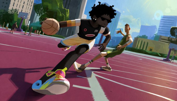 An animated illustration depicts a basketball player in a black jersey dribbling a ball down a pink court while being defended.