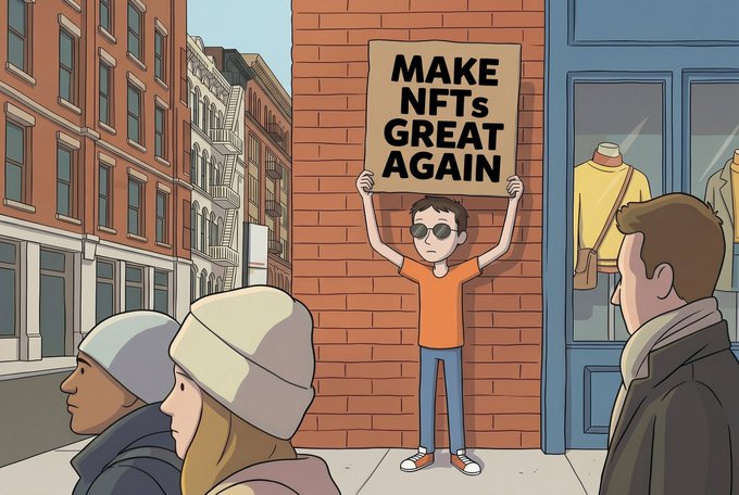 A person wearing sunglasses holds up a sign reading "MAKE NFTs GREAT AGAIN" on a city street while others walk by. The image relates to the post by depicting a humorous protest-style scene promoting NFTs, tying into the "PTSD Non-Fuddable Tickets" promotion as an effort to revive enthusiasm in the NFT space.