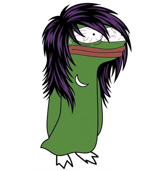 A cartoon character with shaggy purple hair wearing a green hooded outfit with bloodshot eyes and a bandana covering the lower face.