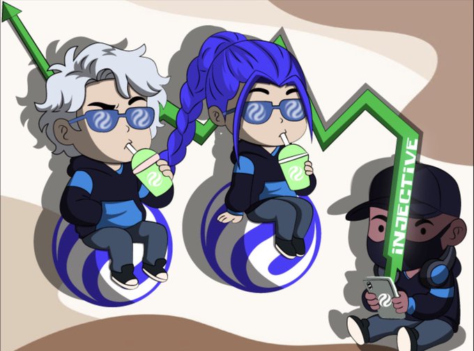 The image features three cartoon characters sitting on spheres with drinks in them. One of the characters has their eyes closed while holding a drink, suggesting they are enjoying the beverage. The other two characters have their eyes open as they look at something outside the frame. The scene is set against a background that includes an arrow and a green sign, which could be related to the post about Injective. The image seems to convey a message or theme related to the company's focus on on-chain finance at scale rather than chasing short-term momentum.