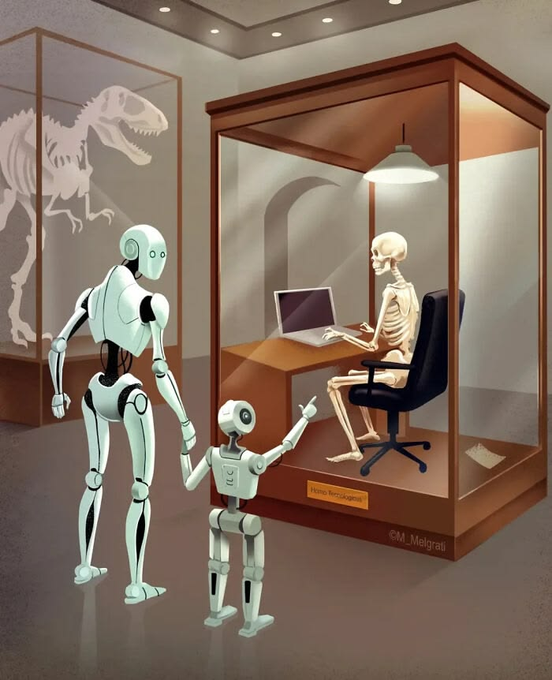 A cartoon of robots standing next to a skeleton, accompanied by two children who are trying to make sense of the situation depicted. The scene takes place in an artificial museum setting featuring a desk with a computer, and a dinosaur exhibit nearby.