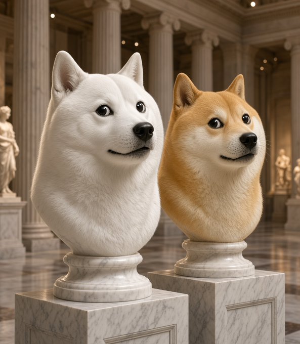 Two Doge busts—one white and one tan—stand on marble pedestals in a classical museum hall, depicted as if immortalized as statues alongside ancient sculptures. The image playfully matches the post's claim of "sculpting a goddess" named $DOGE, treating the meme-inspired "currency" as a revered artifact worthy of museum display.