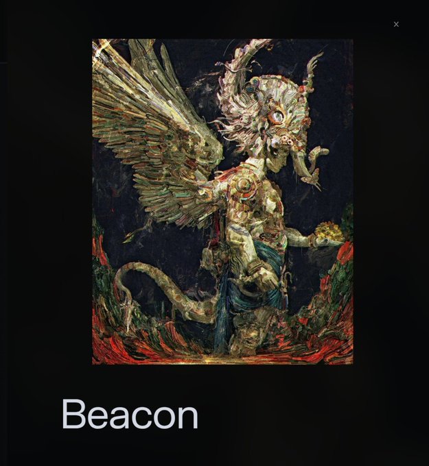 Dark fantasy painting of a grotesque winged creature with an elephant-like trunk and an eye on its forehead, labeled 'Beacon' below the artwork.