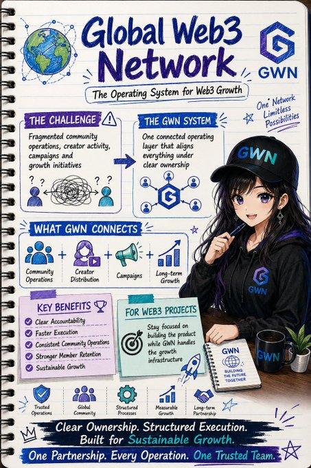 An anime-style promotional illustration titled "Global Web3 Network" (GWN), subtitled "The Operating System for Web3 Growth," depicts a female character in a black hoodie and GWN-branded cap holding a pen, surrounded by notebook-style graphics outlining the challenge of fragmented community operations versus the GWN system's unified approach, featuring benefits like clear accountability, faster execution, and sustainable growth alongside sections on what GWN connects, key benefits, and its value for Web3 projects.