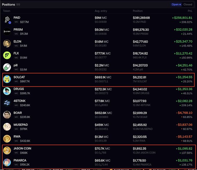 A cryptocurrency trading dashboard showing positions including PAID, PRISM, ELON, FLX, pill, SOLCAT, DRUGS, 4STONK, BOAR, MUSEPAD, RWA, JASON COIN, and PMARCA, with SOLCAT and JASON COIN highlighted in red boxes.