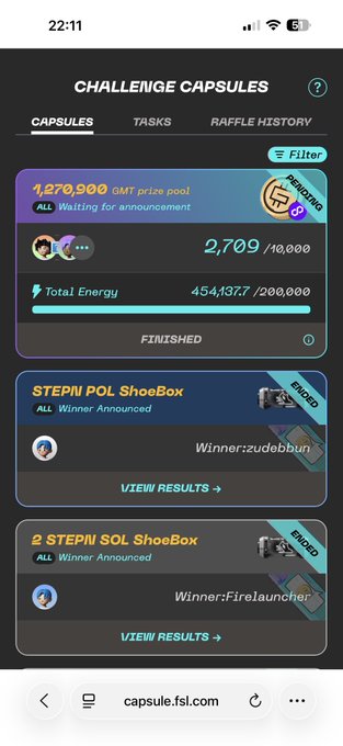 Screenshot of a 'Challenge Capsules' page on capsule.fsl.com showing raffle capsules including 'Waiting for announcement' (GMT prize pool, 2,709/10,000), 'STEPN POL ShoeBox' (Winner: zudebbun), and '2 STEPN SOL ShoeBox' (Winner: Firelauncher).