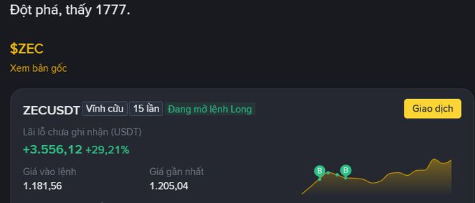 A cryptocurrency trading interface displaying a ZECUSDT perpetual long position with a 15x leverage, showing an unrealized profit of +3,556.12 (+29.21%) and entry and current prices of 1,181.56 and 1,205.04 respectively.