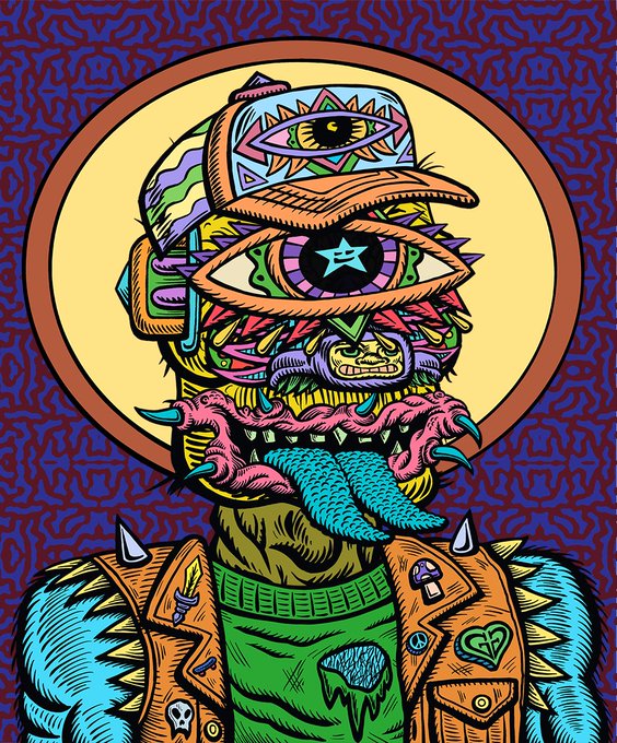 A vibrant, psychedelic illustration depicts a monstrous figure with multiple stacked eyes (including one with a star pupil), a jagged mouth with a long blue tongue, and spiked fur, all framed by a yellow halo against a patterned purple background. The character wears a studded denim vest adorned with patches, including a heart and mushroom motifs, embodying the "positive creator" vibe referenced in the post about a kind, creative, and fun NFT community that transcends typical crypto hype.