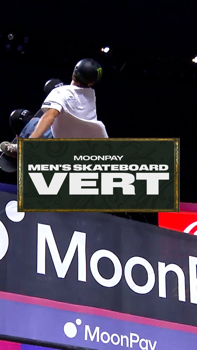A skateboarder wearing a black helmet and white t-shirt catches air on a ramp, with a "MOONPAY MEN'S SKATEBOARD VERT" graphic overlay. The MoonPay branding prominently displayed on the ramp's signage ties into the post's theme of "thinking about ramps" by showcasing a vert skating competition sponsored by MoonPay.