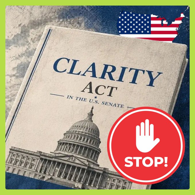 An image showing a document titled 'CLARITY ACT IN THE U.S. SENATE' with a red 'STOP!' hand symbol and a small U.S. map in the corner.