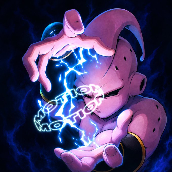 Artwork of Majin Buu from Dragon Ball Z with hands raised, channeling blue lightning and the 'Mother of All Buus' text glowing between his palms.