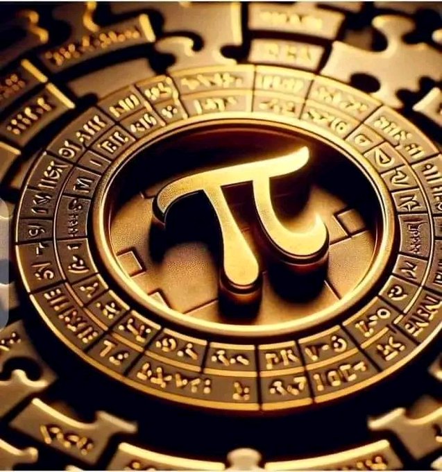 Close-up of a golden pi (π) symbol surrounded by concentric rings of mathematical symbols and numbers, resembling a Mayan-style calendar design.