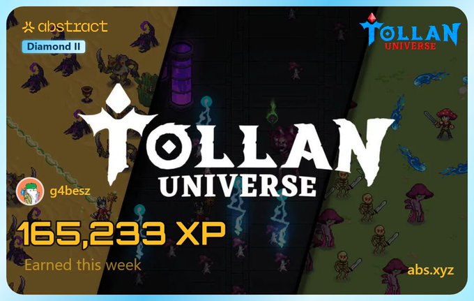 Promotional graphic for the game 'Tollan Universe' on the Abstract platform, showing a user named 'g4besz' with a Diamond II rank who earned 165,233 XP this week.