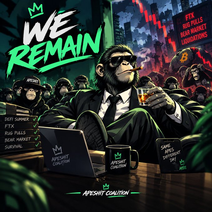 A promotional graphic featuring a suited monkey smoking a cigar, with the text 'WE REMAIN' and 'APESHIT COALITION', alongside lists like 'DEFI SUMMER', 'FTX', 'RUG PULLS', 'BEAR MARKET', and 'SURVIVAL', referencing FTX, rug pulls, and bear market liquidations.