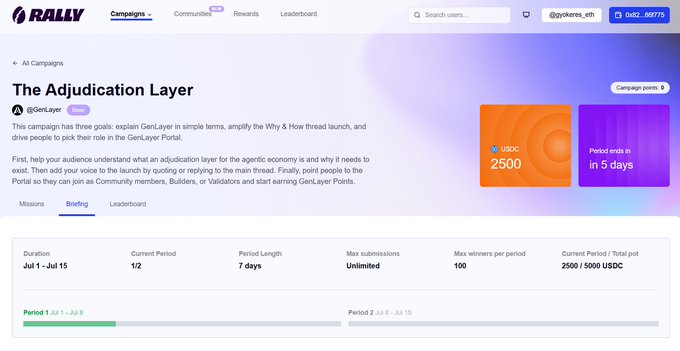 Screenshot of the Rally.io platform showing a campaign titled 'The Adjudication Layer' by @GenLayer for GenLayer with a prize pool of 2500 USDC, ending in 5 days.