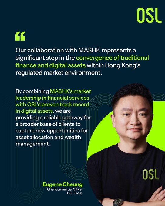 The image shows a promotional graphic featuring Eugene Cheung, Chief Commercial Officer of OSL Group, alongside a quote about OSL's collaboration with MASHK (Mirae Asset Securities Hong Kong), highlighting the convergence of traditional finance and digital assets in Hong Kong's regulated market. This visually supports the post's message about TradFi partnering with established digital asset infrastructure, with OSL's OSL branding prominently displayed in green.