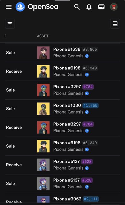 Screenshot of the OpenSea app showing a transaction history list with 'Sale' and 'Receive' entries for various Pixona Genesis NFTs.