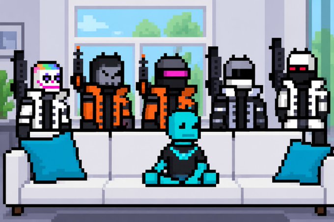 A pixel art image showing armed figures in tactical gear standing behind a couch, with a small blue character wearing a gold chain seated on the couch.