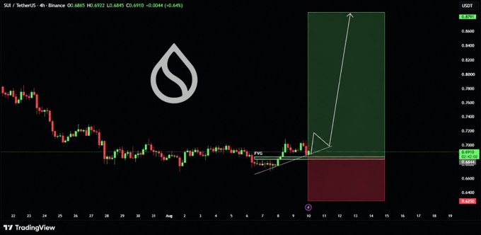 A TradingView candlestick chart for the SUI/USDT pair shows a price movement pattern labeled "FVG" with a projected bullish breakout.