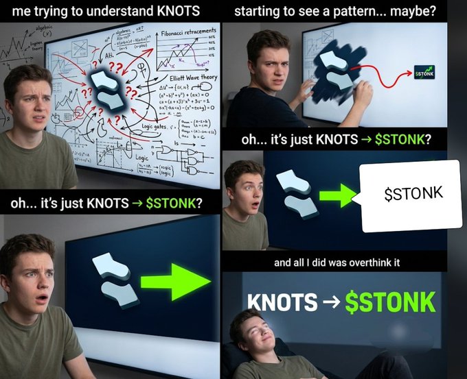 A four-panel meme featuring a man confused by a whiteboard covered in math equations, then placing an equals sign on it, realizing 'KNOTS → $STONK', and finally relaxing with the text 'KNOTS → $STONK'.