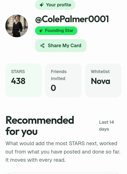 A user profile page showing the username '@ColePalmer0001' with a 'Founding Star' badge, 438 stars, and a 'Recommended for you' section.