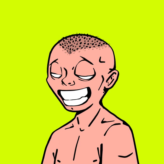 A cartoon illustration of a bald character with a wide toothy grin on a lime green background.