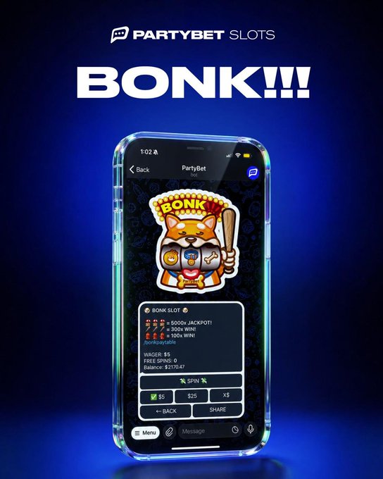 A smartphone displays the PartyBet Slots "BONK!!!" game featuring a cartoon fox mascot, advertising a 5000x jackpot with 300x and 100x win prizes for the Bonk Slot event. The post promotes a free $10 bonus for signing up via the invite link, where users deposit crypto to participate in the Bonk Inu prediction platform promotion.