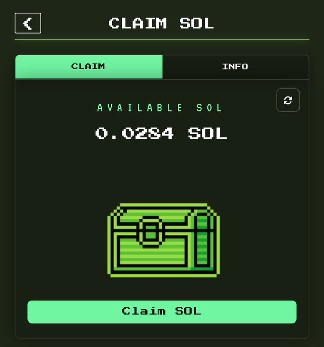 The image shows a "Claim SOL" interface displaying an available balance of 0.0284 SOL, with tabs for "Claim" and "Info" and a pixel-art treasure chest graphic above a green "Claim SOL" button. This relates to the post about over 350K SOL being unclaimed from Solana's Rent Reduction, illustrating the small per-wallet claim amounts that contribute to that significant unclaimed total.
