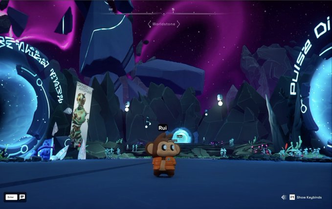 A monkey character named "Rui" stands in a vibrant, otherworldly environment labeled "Worldstone" with a dark, cosmic sky and glowing pink swirls in the background. The scene showcases the ChimpersHQ avatar being displayed within the OthesideMeta virtual world, as mentioned in the post.
