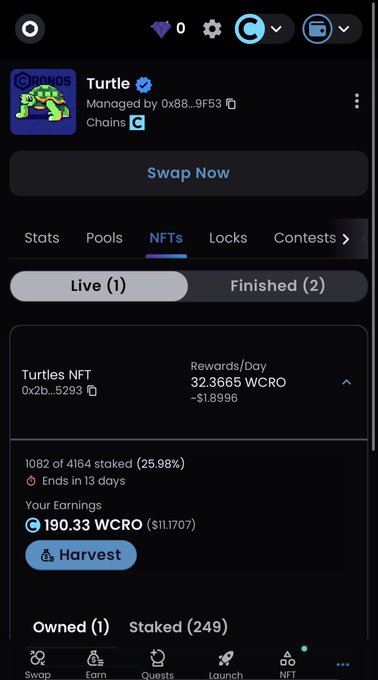 A mobile app screenshot showing the 'Turtle' NFT staking page on Cronos chain with WCRO rewards, displaying staked NFTs and earnings of 190.33 WCRO.