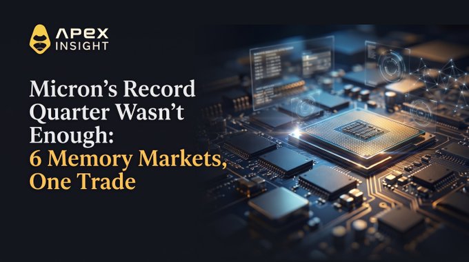 A banner from APEX INSIGHT with the headline 'Micron's Record Quarter Wasn't Enough: 6 Memory Markets, One Trade', set against an image of a computer processor chip.