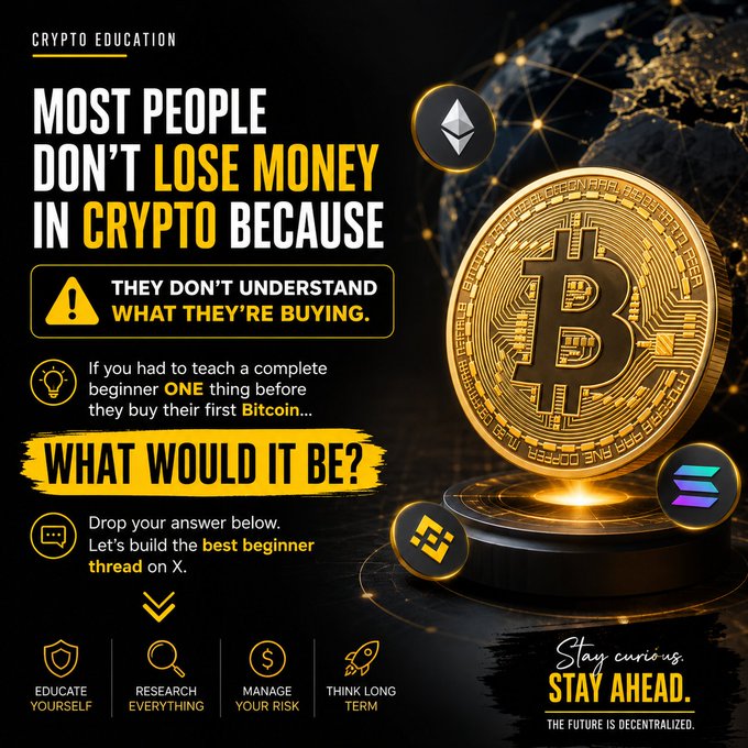 A crypto education infographic titled 'CRYPTO EDUCATION' with the headline 'MOST PEOPLE DON'T LOSE MONEY IN CRYPTO BECAUSE THEY DON'T UNDERSTAND WHAT THEY'RE BUYING.' featuring Bitcoin, Ethereum, BNB, and Solana logos, and asking 'WHAT WOULD IT BE?' with tips like 'EDUCATE YOURSELF' and 'STAY AHEAD. THE FUTURE IS DECENTRALIZED.'