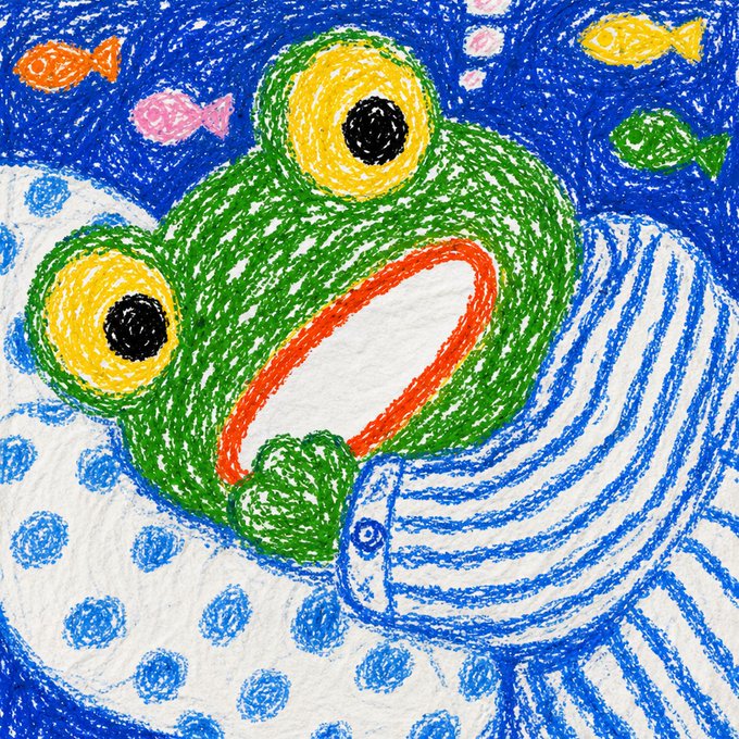 A whimsical crayon drawing features a wide-eyed green frog with an orange-lined mouth, surrounded by colorful fish and bubble patterns, capturing the playful style of the NFT titled "Pajama Surprise" which sold for 0.00950 ETH ($19).