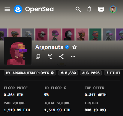 An OpenSea collection page for the NFT project "Argonauts" by ArgonautsDeployer, showing a floor price of 0.364 ETH, 24H volume of 1,519.99 ETH, and 830 (9.3%) items listed.