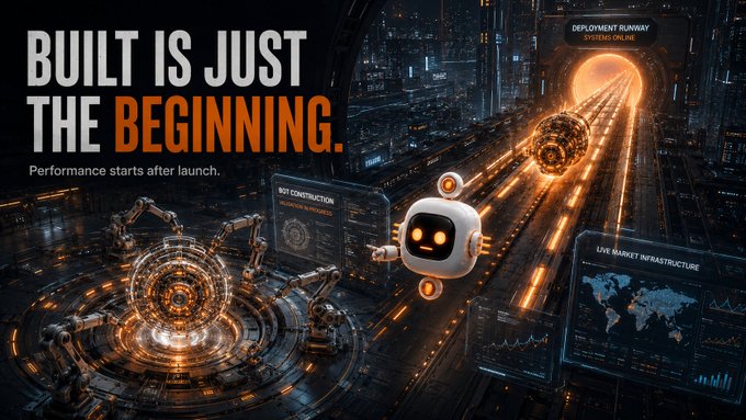 Futuristic AI deployment graphic with the headline “BUILT IS JUST THE BEGINNING.” and subtext “Performance starts after launch,” showing a robot, glowing transport tunnel, and infrastructure displays including “DEPLOYMENT RUNWAY” and “LIVE MARKET INFRASTRUCTURE.”