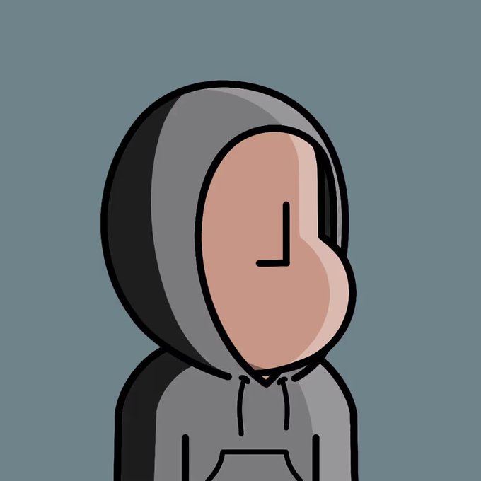 Simple cartoon illustration of a hooded figure in a gray sweatshirt with a minimal line-drawn face, set against a muted blue background.