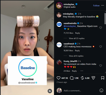 The image shows an Instagram screenshot featuring an influencer with hair rollers and a Vaseline container labeled "Vaseline @vaselinebrand Baseline," promoting a partnership with the brand. The caption celebrates 1M likes in 5 hours for the collaboration video, aligning with the visible engagement metrics like 447.1K likes on the post.