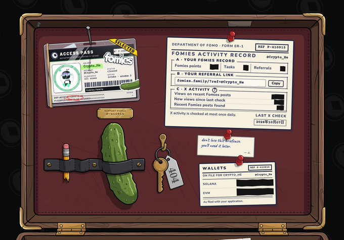 A digital illustration styled as a cork bulletin board displaying a Fomies activity record form, access pass, and wallet information, complete with a key, pickle, and pencil pinned to the surface.